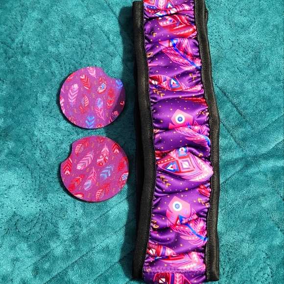 Purple Boho Feather Car Accessories Set - Coasters and Steering Wheel Cover - Picture 1 of 5